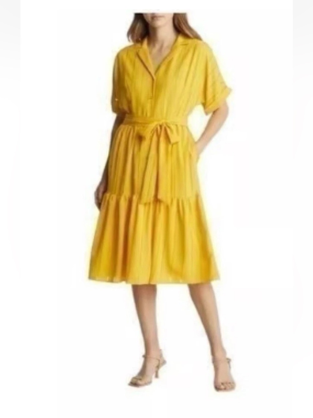 Tahari Bright Yellow Belted Midi Shirt Dress Size 14